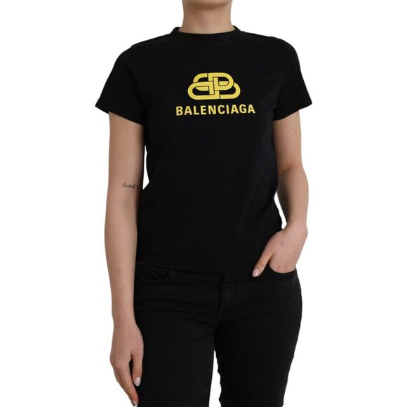 Balenciaga Black Cotton Logo Print Crew Neck Short Sleeves Women's T-shirt